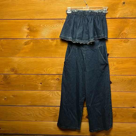 JOA Los Angeles Womens Strapless Blue Denim Jumpsuit  Wide Leg Cropped Frayed XS - Picture 1 of 11